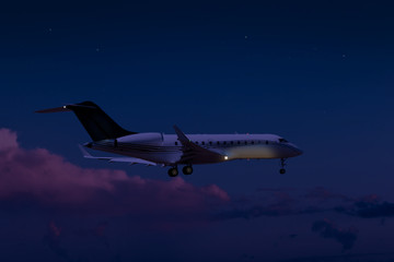 Private jet flying at night