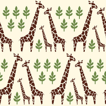 Giraffes family seamless pattern. Safari animal background. Retro style colors illustration savannah. Jungle animals with tropical plants print. Happy family concept - father, mother, baby.