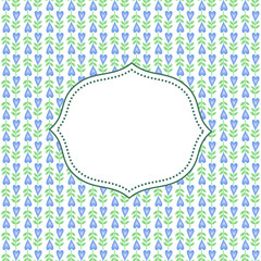 Cute blue flower vector card with space for text. Seamless floral pattern with heart shape flowers. Cute love flower background. Love concept illustration.
