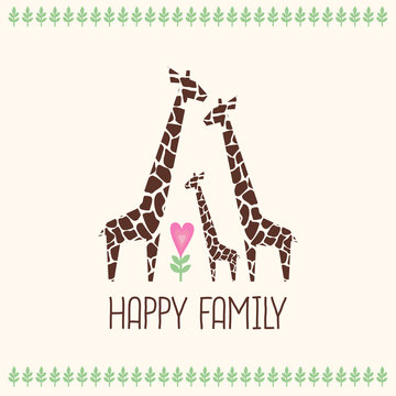 Happy family card. Cute giraffes family illustration. Jungle animals with tropical plants print. Happy family concept - father, mother, baby. Retro style colors.
