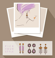 Beautiful woman wearing earrings. Mock up with different styles of earrings. Vector illustration