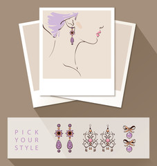 Beautiful woman wearing earrings. Mock up with different styles of earrings. Vector illustration