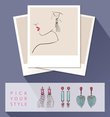 Beautiful woman wearing earrings. Mock up with different styles of earrings. Vector illustration
