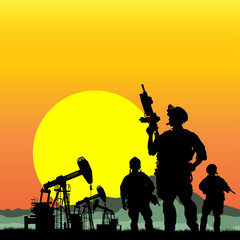 Fototapeta na wymiar soldiers with oil rigs on the background