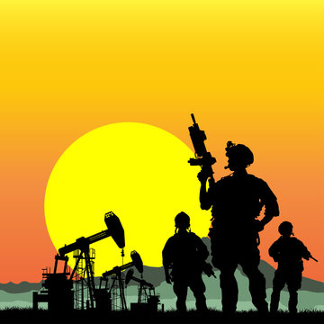 soldiers with oil rigs on the background