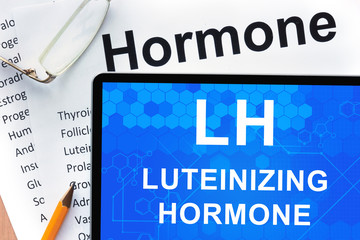 Papers with hormones list and tablet  with words  Luteinizing hormone (LH).  