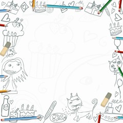 Happy Birthday childish sketches frame isolated on white background