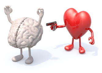 brain and heart with arms and legs, heart has a gun and points it at the heart who has his hands up