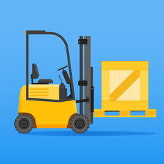 Forklift truck with wooden crate on blue background