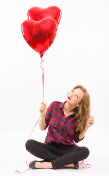 Young Girl With Two Gas Balloons Heart Shaped