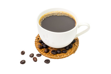Coffee cup and beans isolated on a white background