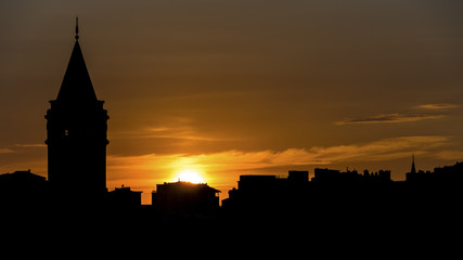 Silhouette of the Galata Tower in Istanbul at sunset