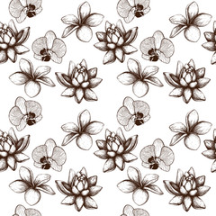 Seamless pattern with Ink hand drawn Frangipani (Plumeria) flower, lotus and orchid sketch. Tropical flower background isolated on white. Exotic vintage plant illustration