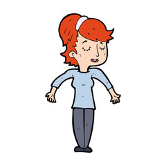 cartoon friendly woman shrugging shoulders