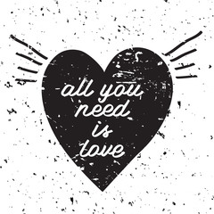 Vector romantic background. Hand drawn black heart  and letters.