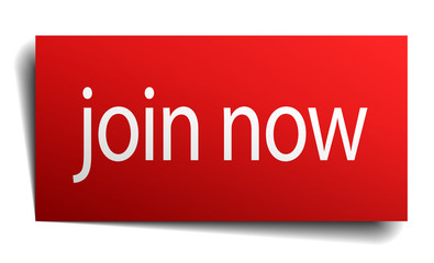 join now red square isolated paper sign on white