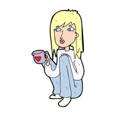 cartoon woman sitting with cup of coffee