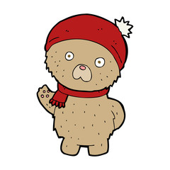 cartoon teddy bear in winter hat and scarf