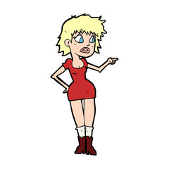 cartoon worried woman in dress pointing