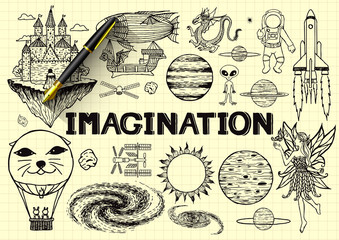 Hand drawn about imagination on yellow paper with 3d fountain pen.