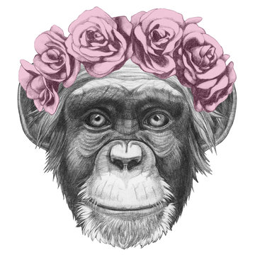 Original drawing of Monkey with floral head wreath. Isolated on white background.