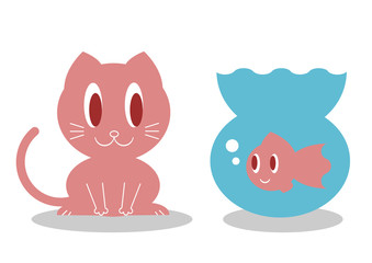 猫と金魚鉢の金魚のイラスト