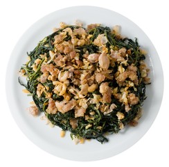 Stir Fried Jute Leaves with Minced Pork on White Background