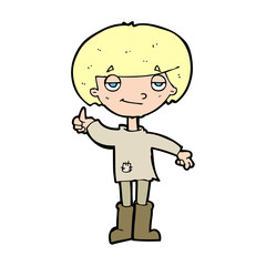 cartoon boy in poor clothing giving thumbs up symbol