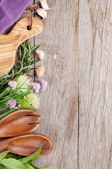 Fresh herbs and spices on garden table