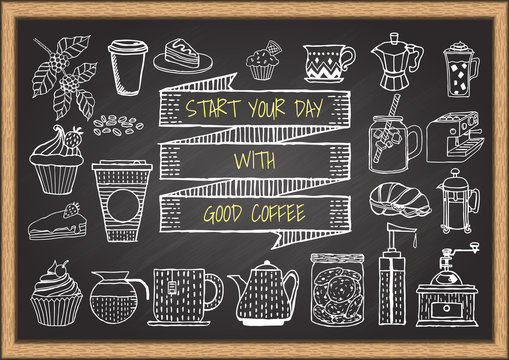 Hand drawn coffee and bakery on chalkboard.