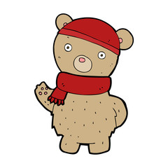 cartoon teddy bear in winter hat and scarf