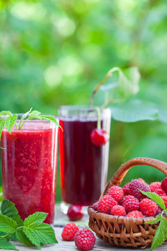 Healthy juice made from organic sour cherries and raspberries