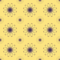 Print Seamless Pattern. Mandala Flowers with Yellow background.