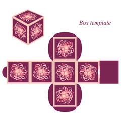 Square box template with lid. with floral elements and decorative frames.