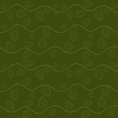 Stylized leaves and branch vector seamless pattern in dark green