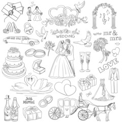 Hand drawn collection of decorative wedding design elements