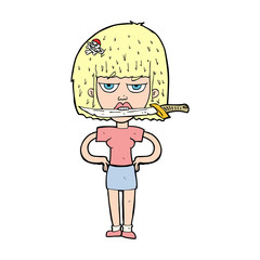 cartoon woman with knife between teeth