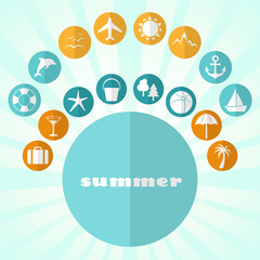 Set of vector summer icons contain holiday, travel and vacation things
