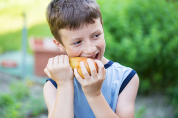 Fototapeta premium Little boy eating pears