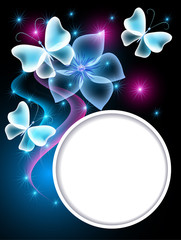 Transparent butterflies, flower and white frame