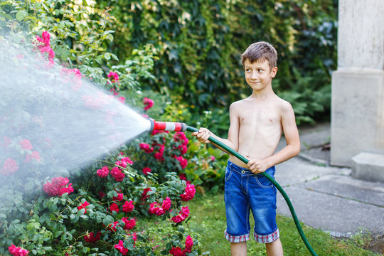 Little boy watering in garden