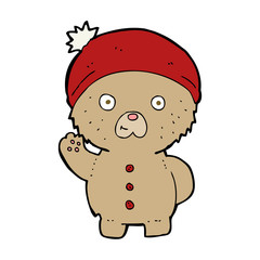 cartoon waving teddy bear in winter hat