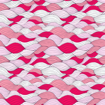 Abstract wavy vector seamless pattern of white and pink tints