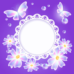 Transparent butterflies, flowers and openwork frame