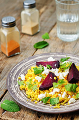spiced millet porridge with beetroot, coriander, mint and feta