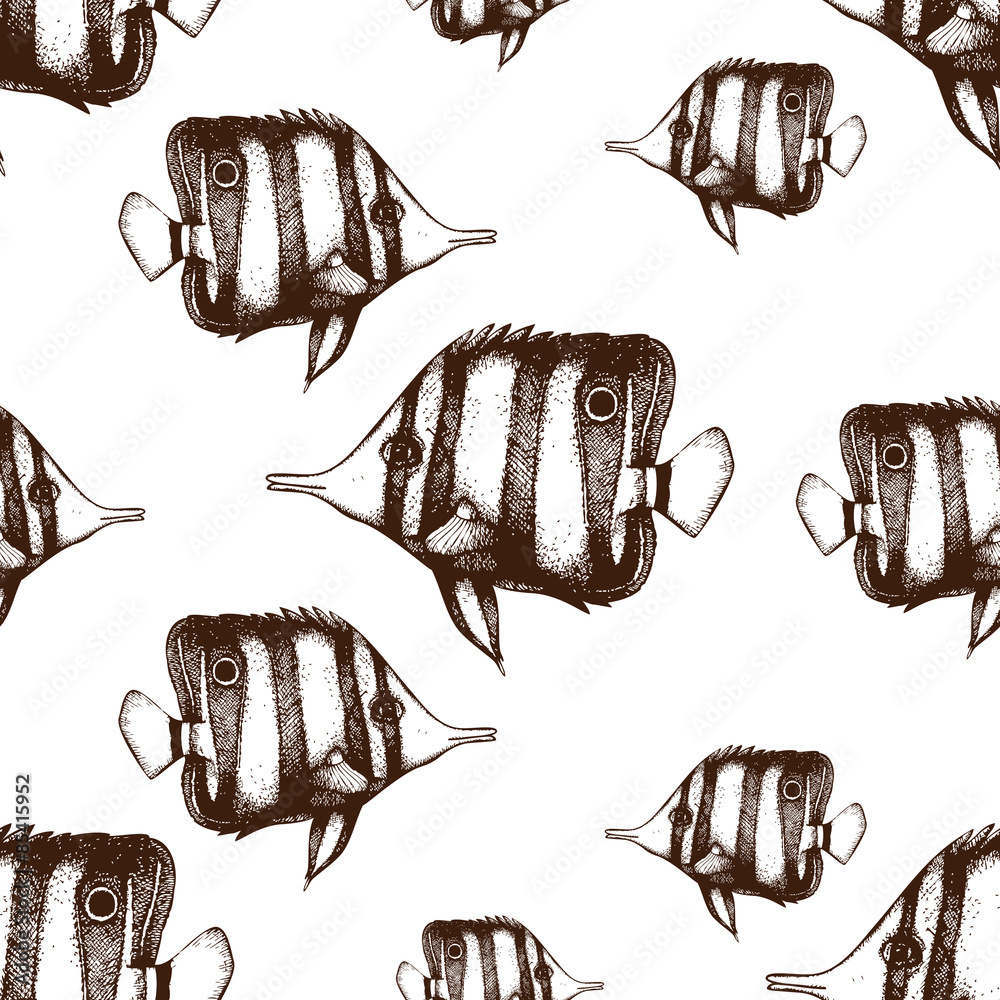 Wall mural Vector seamless pattern with hand drawn small fish. Vintage background with sea life illustrations