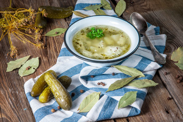 Soup with pickled cucumber