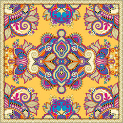 Traditional ornamental floral paisley bandanna. Square yellow or
