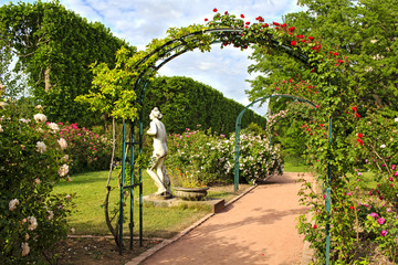 Roses garden in the Jardin de Plant in Paris, France. Eastern part of the garden with it's beautiful rose archways in May.