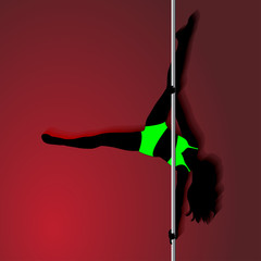 Pole dancer  in bright green sport clothes. sexy silhouette on r